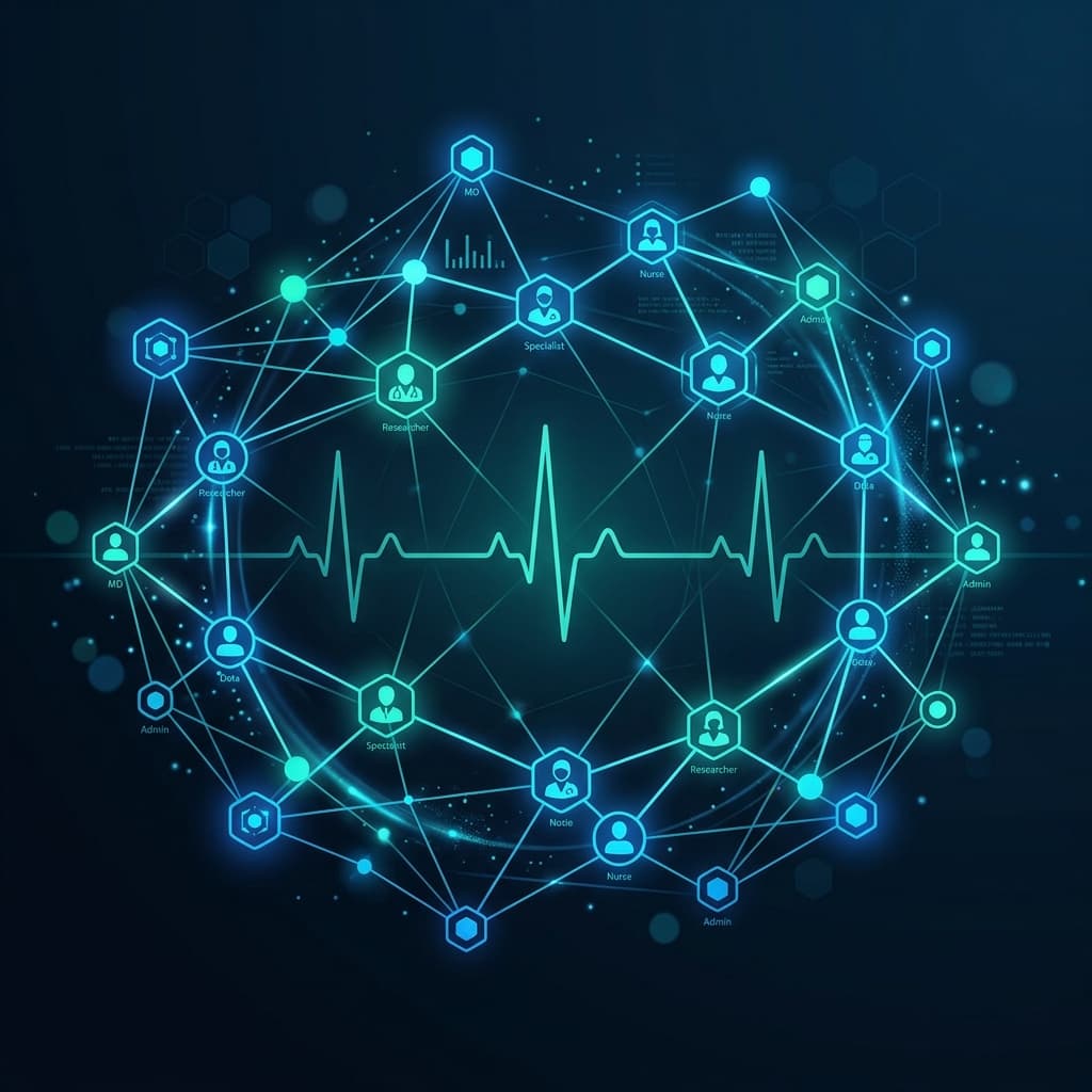 Abstract medical network illustrating case discussion, ECG pulse signals, and professional doctor nodes